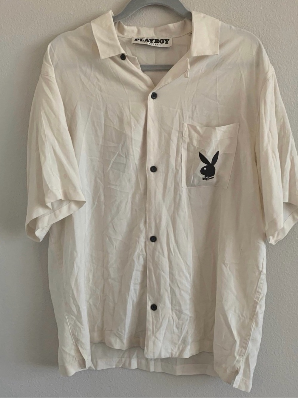 PLAYBOY White Short-Sleeve Button-Down Shirt with Black Bunny Pocket Logo